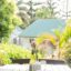 Sunlit garden patio with a wooden table, cushioned chairs, and a single flower in a bottle as a centrepiece.