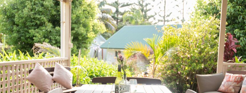 Sunlit garden patio with a wooden table, cushioned chairs, and a single flower in a bottle as a centrepiece.